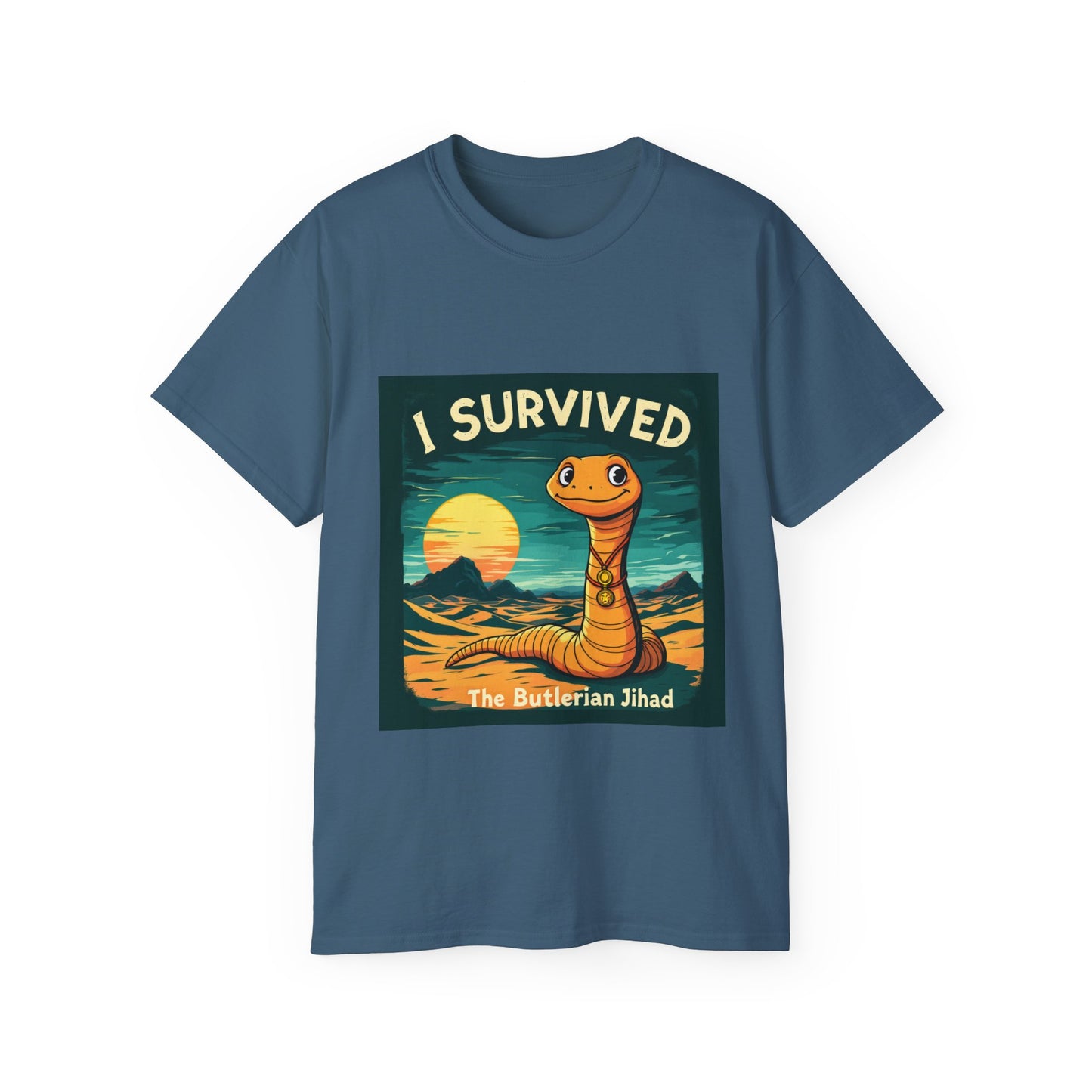 Graphic Tee - 'I Survived the Butlerian Jihad' Sandworm Retro Font Design - Option 2