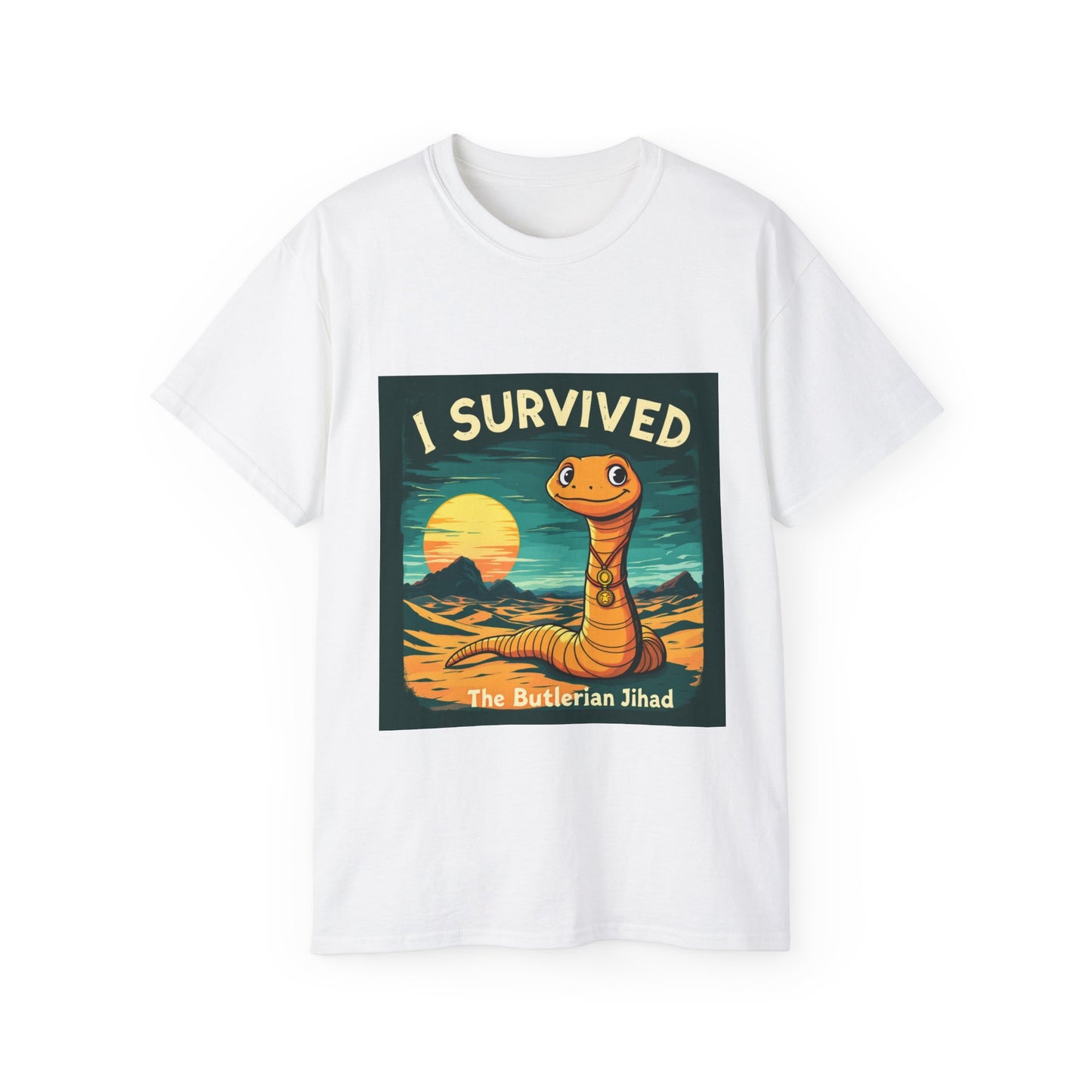 Graphic Tee - 'I Survived the Butlerian Jihad' Sandworm Retro Font Design - Option 2