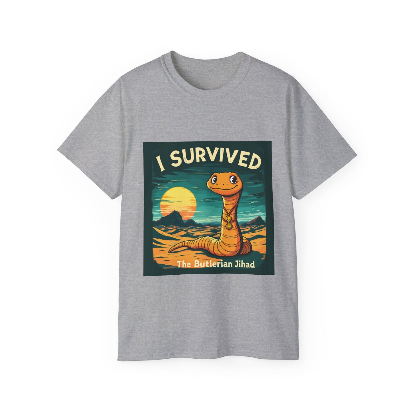 Graphic Tee - 'I Survived the Butlerian Jihad' Sandworm Retro Font Design - Option 2