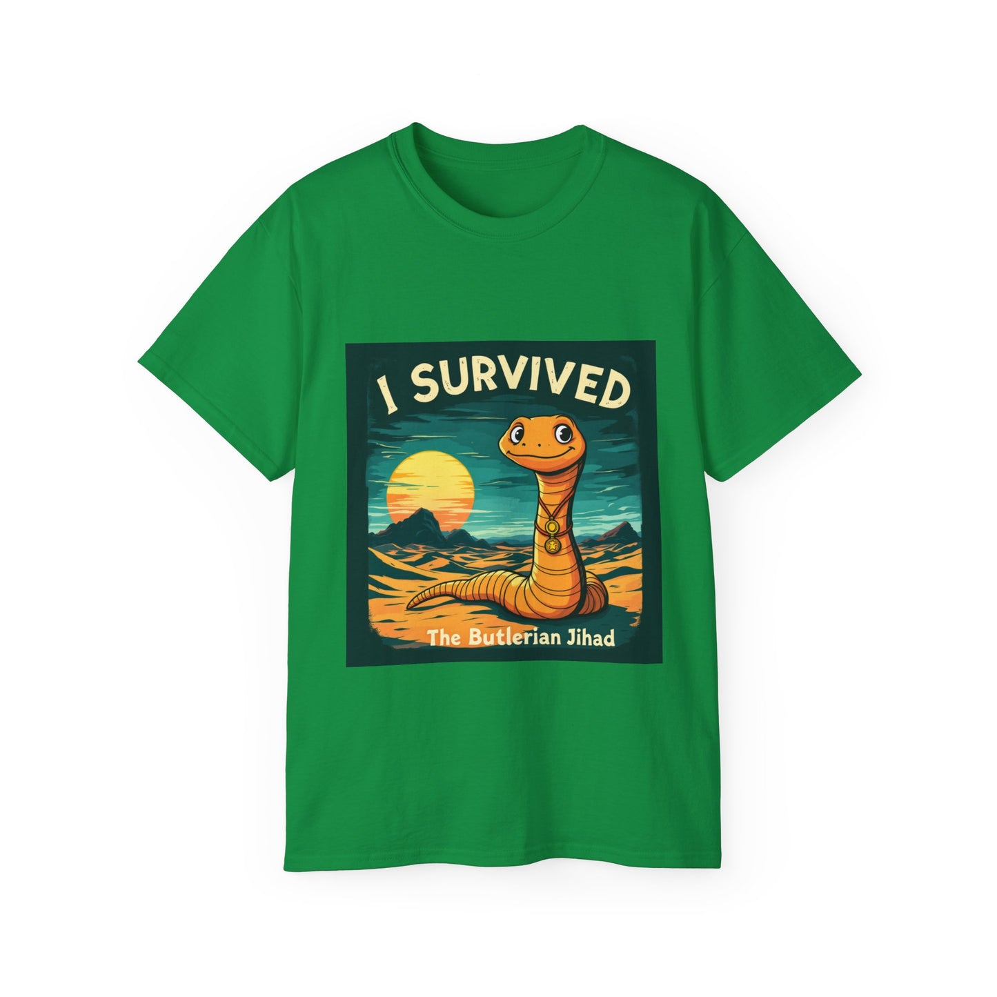 Graphic Tee - 'I Survived the Butlerian Jihad' Sandworm Retro Font Design - Option 2