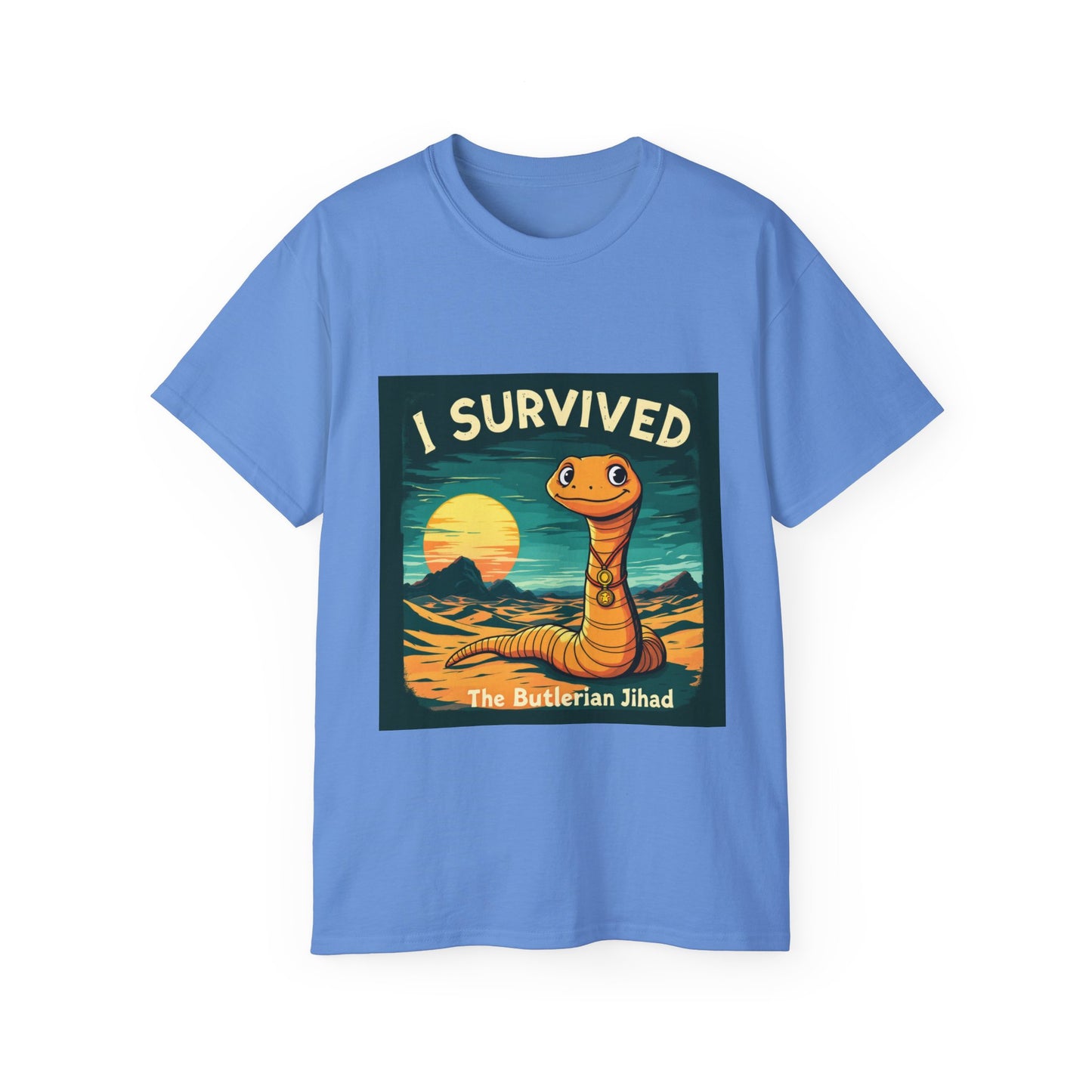 Graphic Tee - 'I Survived the Butlerian Jihad' Sandworm Retro Font Design - Option 2