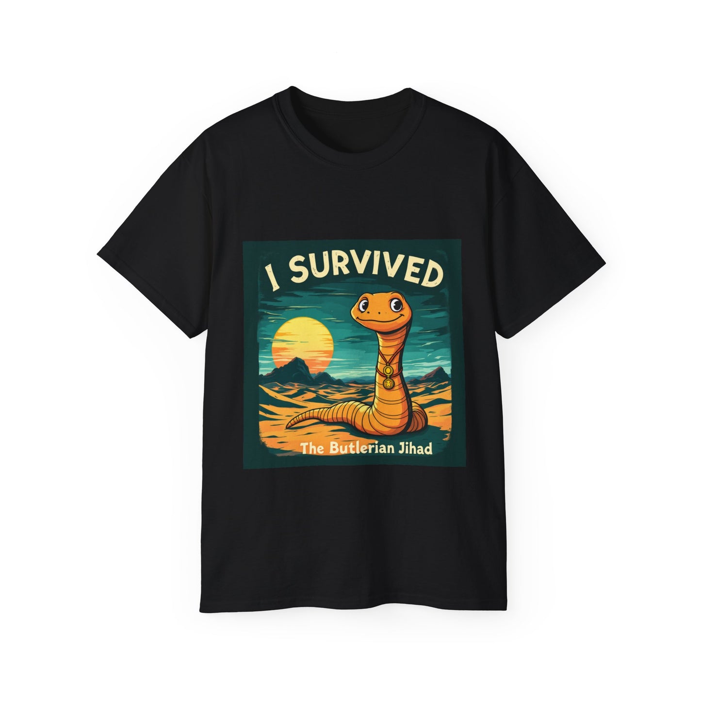 Graphic Tee - 'I Survived the Butlerian Jihad' Sandworm Retro Font Design - Option 2