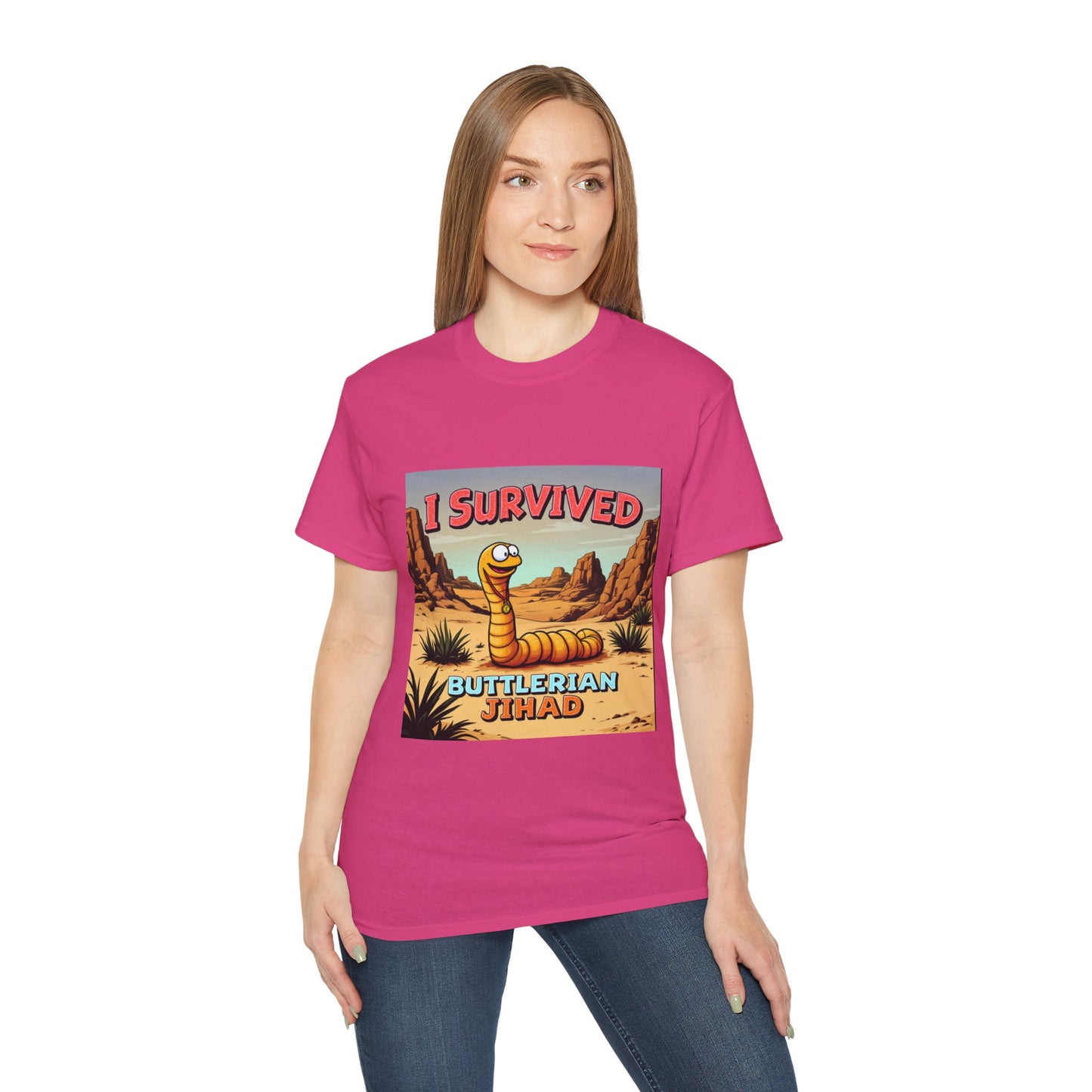 Graphic Tee - 'I Survived the Butlerian Jihad' Sandworm Retro Font Design