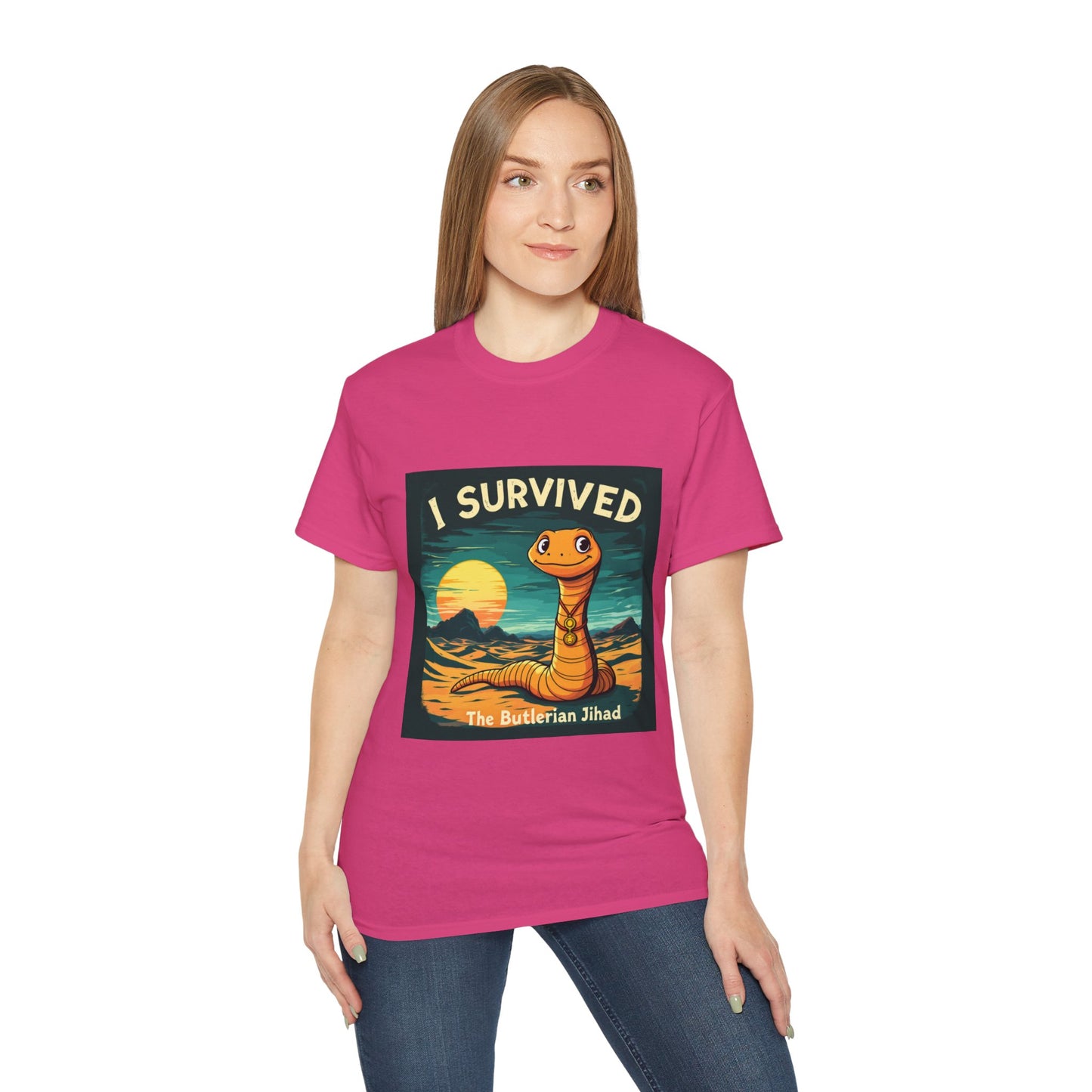 Graphic Tee - 'I Survived the Butlerian Jihad' Sandworm Retro Font Design - Option 2
