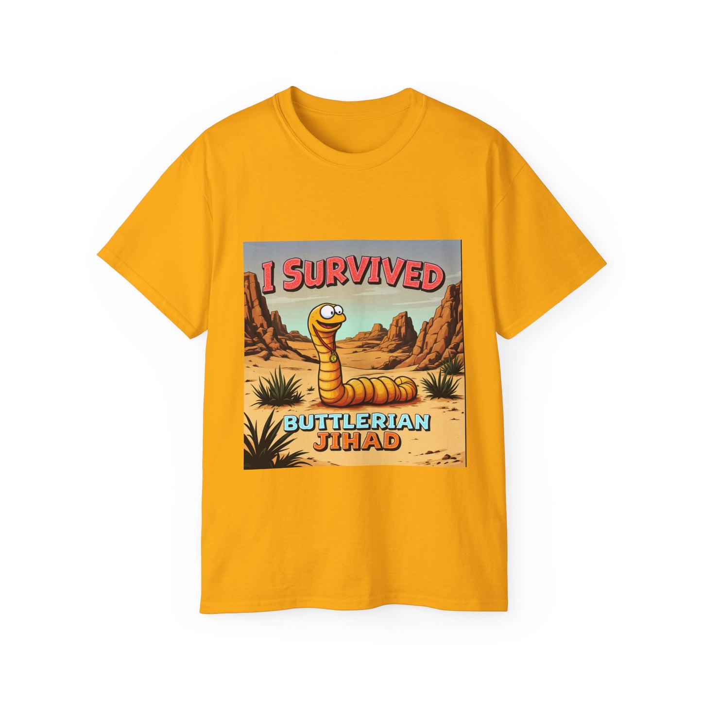 Graphic Tee - 'I Survived the Butlerian Jihad' Sandworm Retro Font Design