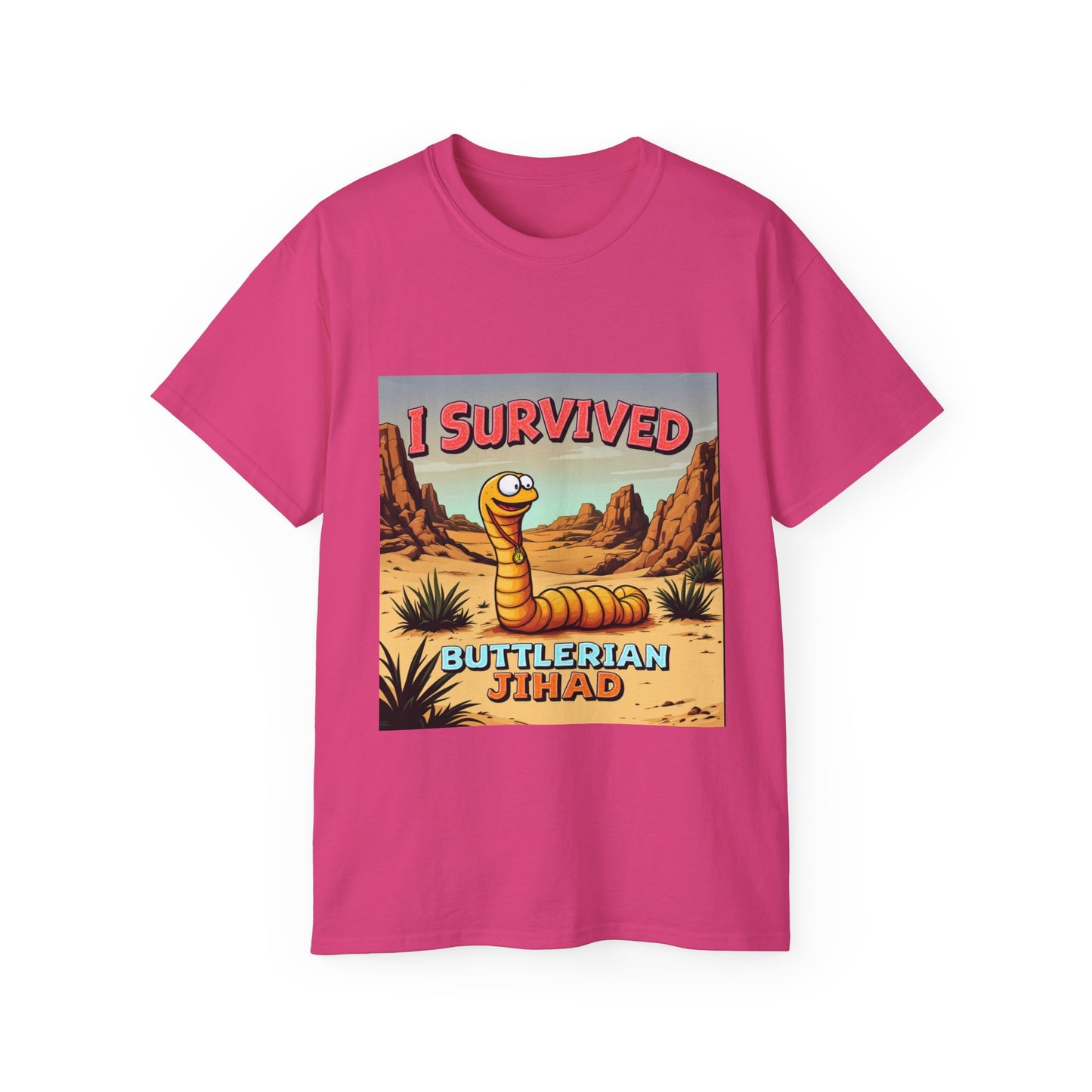 Graphic Tee - 'I Survived the Butlerian Jihad' Sandworm Retro Font Design