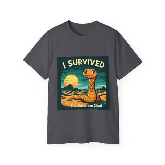 Graphic Tee - 'I Survived the Butlerian Jihad' Sandworm Retro Font Design - Option 2