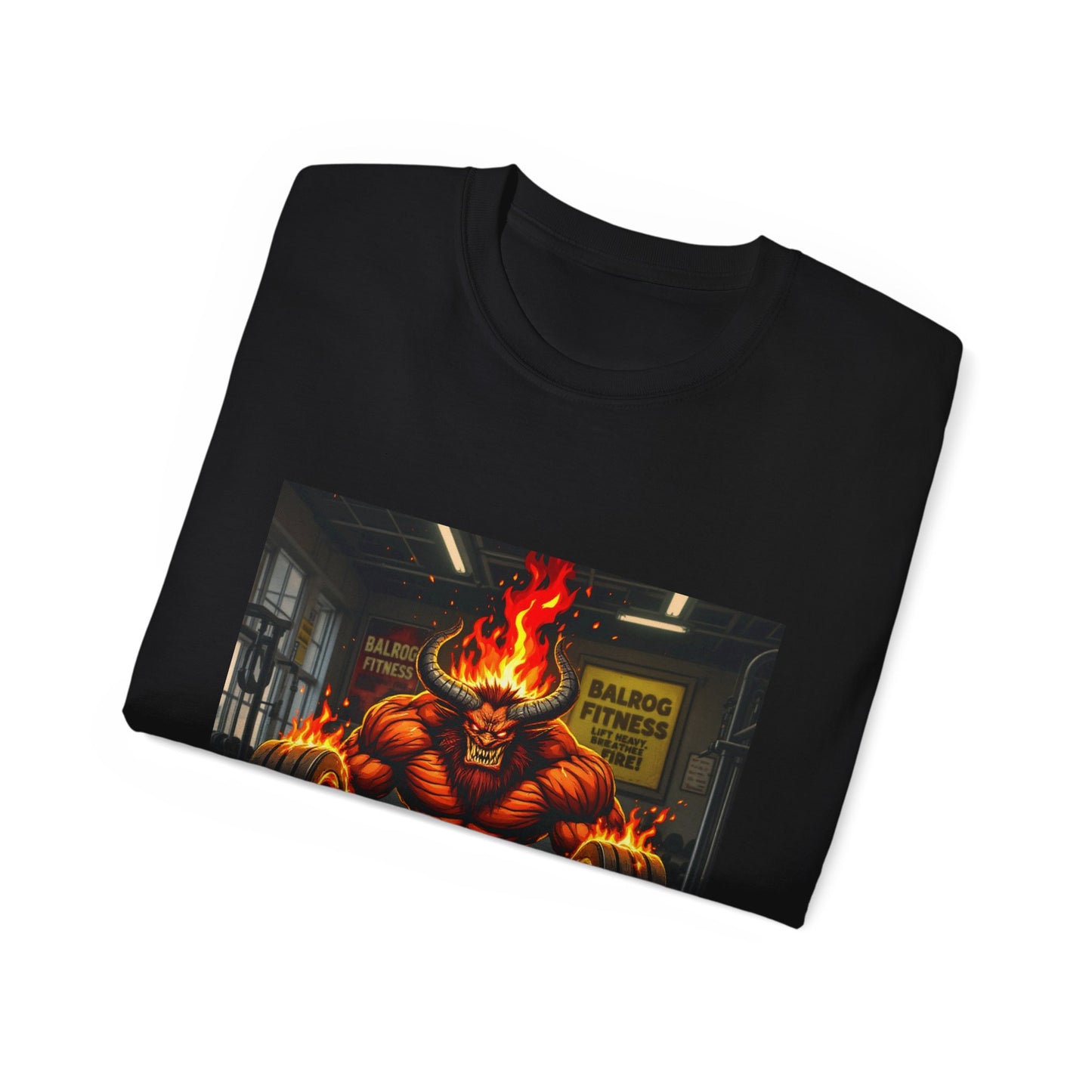 Balrog Fitness Unisex Tee: Lift Heavy, Breathe Fire Gym Shirt