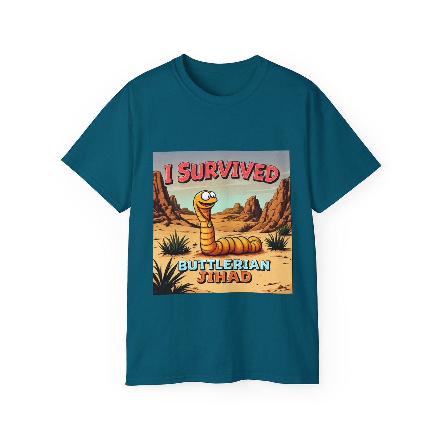 Graphic Tee - 'I Survived the Butlerian Jihad' Sandworm Retro Font Design