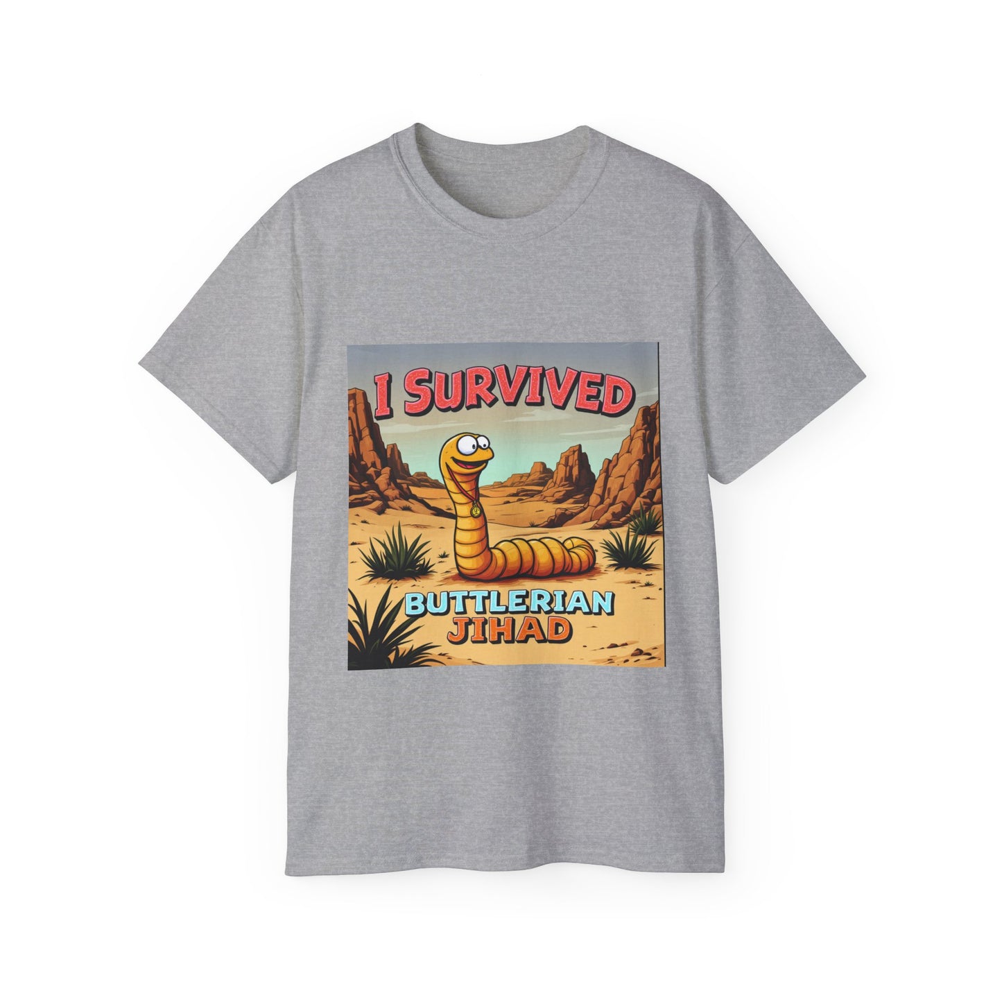 Graphic Tee - 'I Survived the Butlerian Jihad' Sandworm Retro Font Design