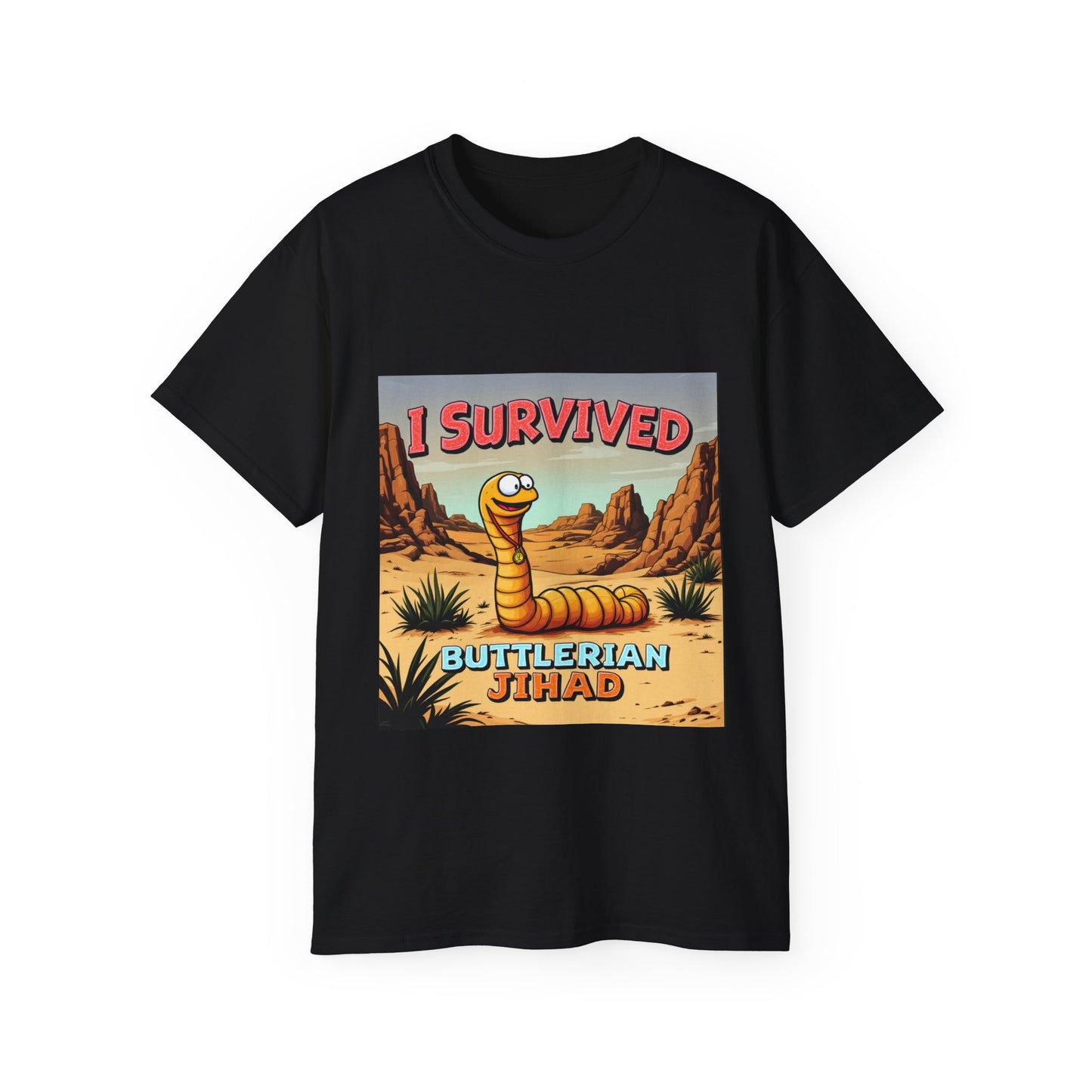 Graphic Tee - 'I Survived the Butlerian Jihad' Sandworm Retro Font Design