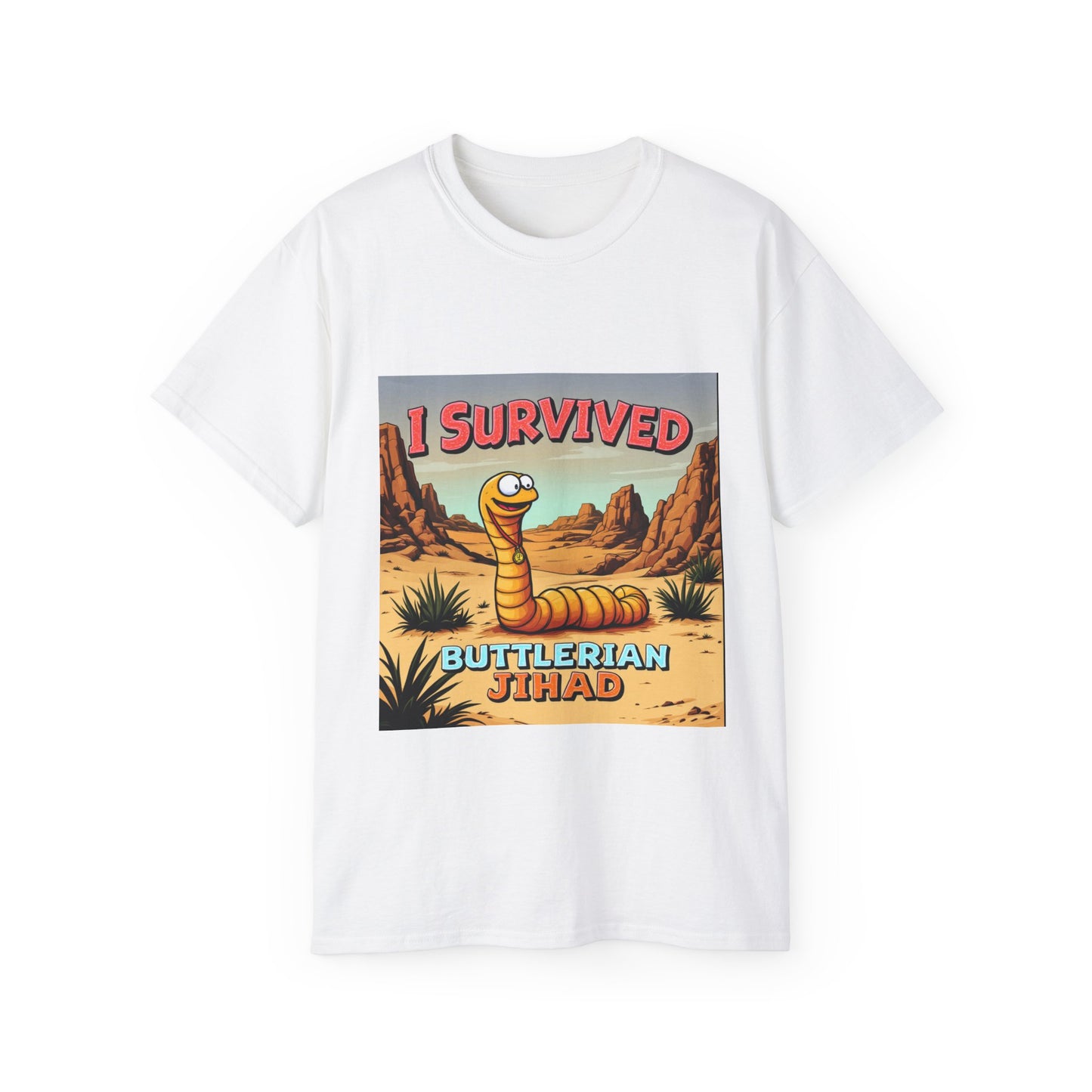 Graphic Tee - 'I Survived the Butlerian Jihad' Sandworm Retro Font Design