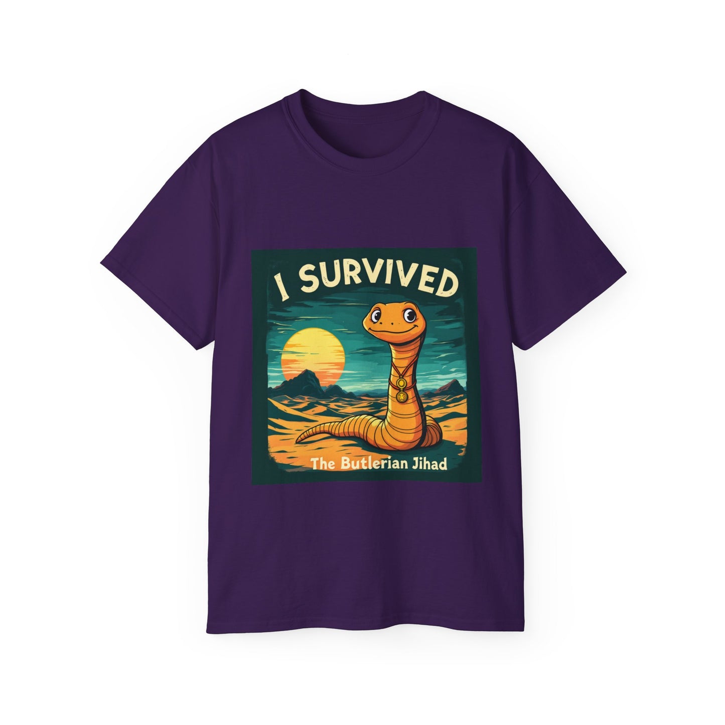 Graphic Tee - 'I Survived the Butlerian Jihad' Sandworm Retro Font Design - Option 2
