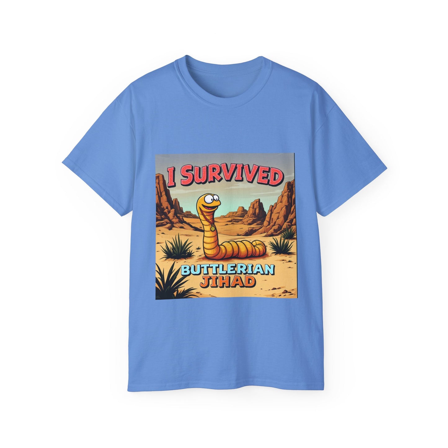 Graphic Tee - 'I Survived the Butlerian Jihad' Sandworm Retro Font Design