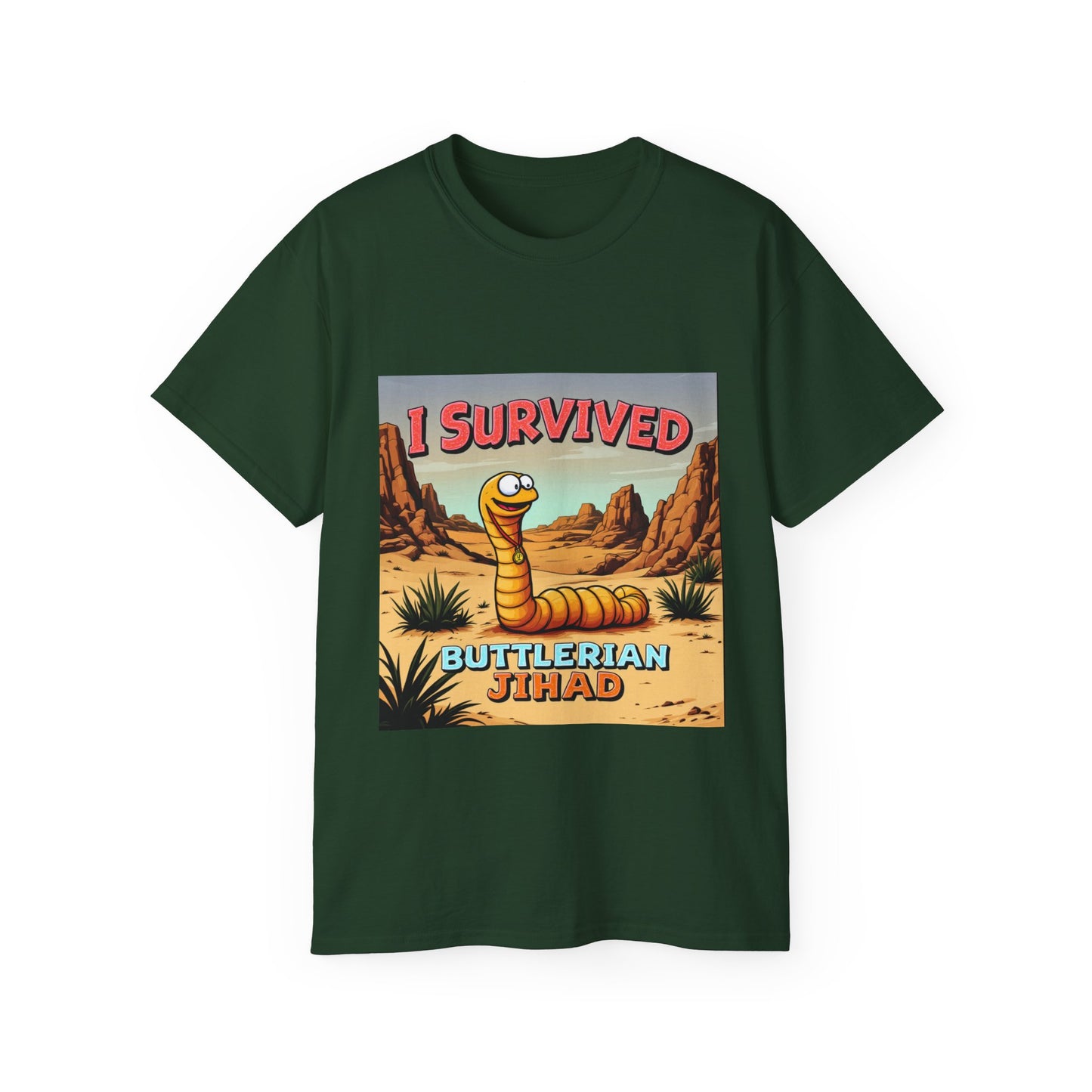 Graphic Tee - 'I Survived the Butlerian Jihad' Sandworm Retro Font Design